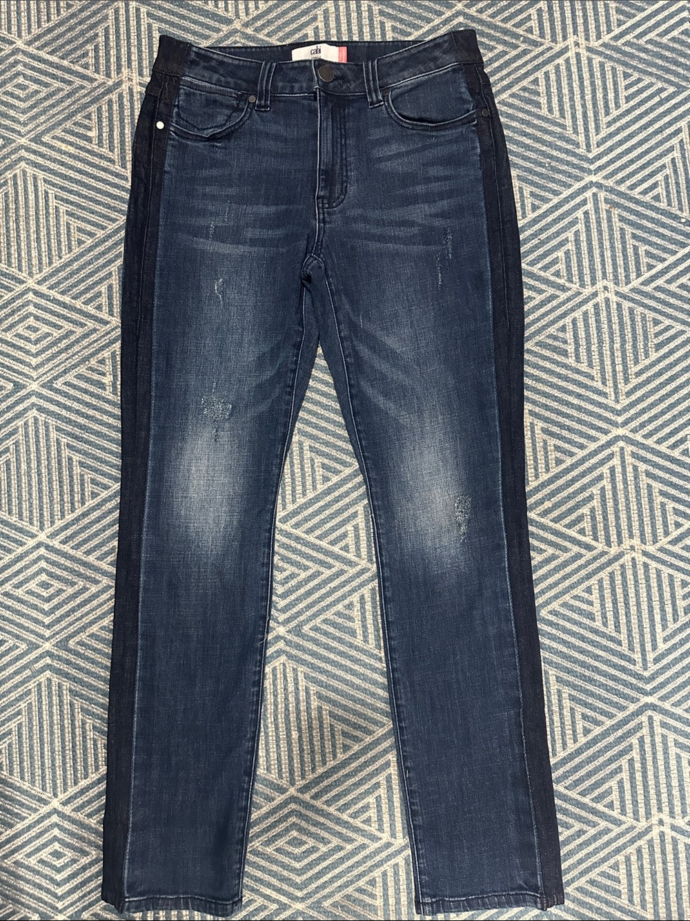 CAbi Women's Dark Blue Straight Leg Jeans with Black Side Panels